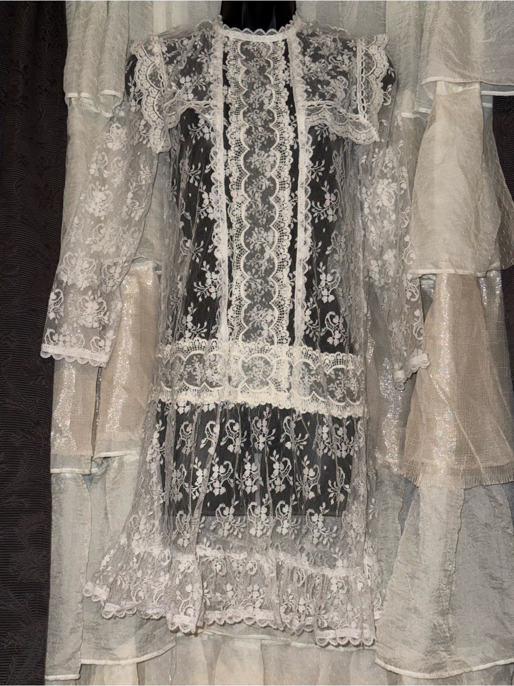 Vintage Jessica McClintock Sheer White Lace Long Sleeve Dress